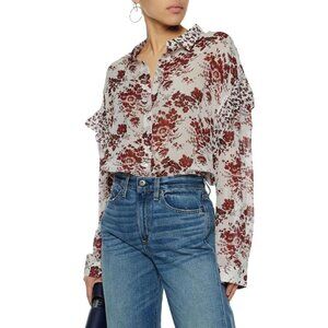 Robert Rodriguez 100%‎ silk chiffon floral print ruffle detail oversized button